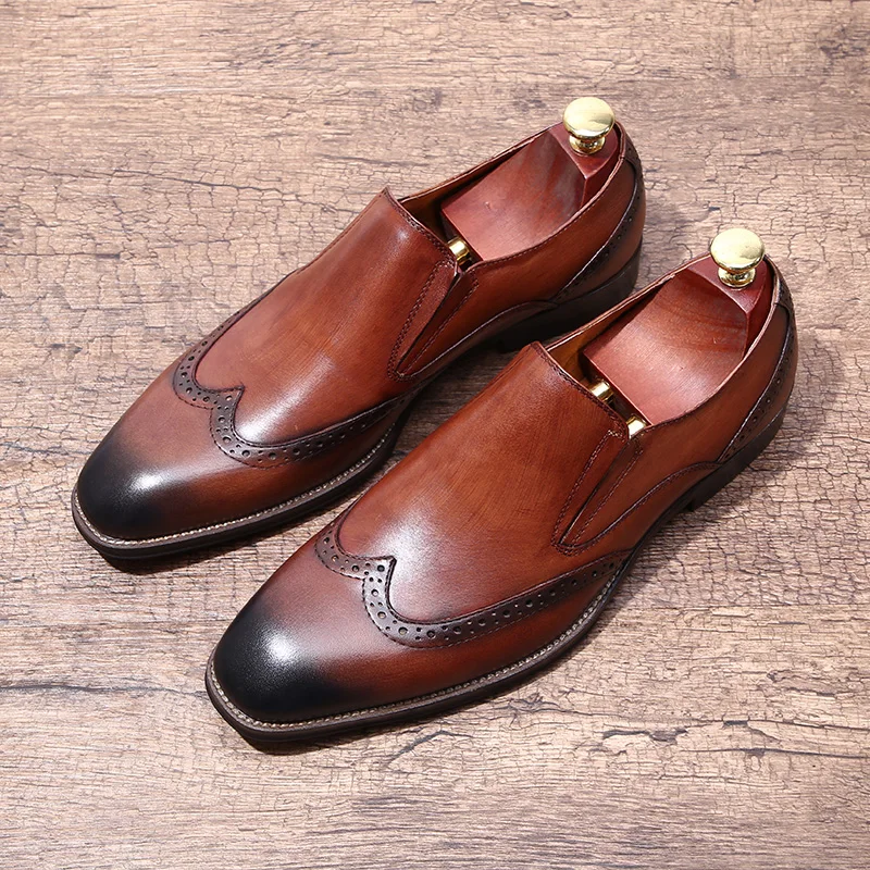 British Style Brogue Loafers Flat heel Cow leather Handmade Carved