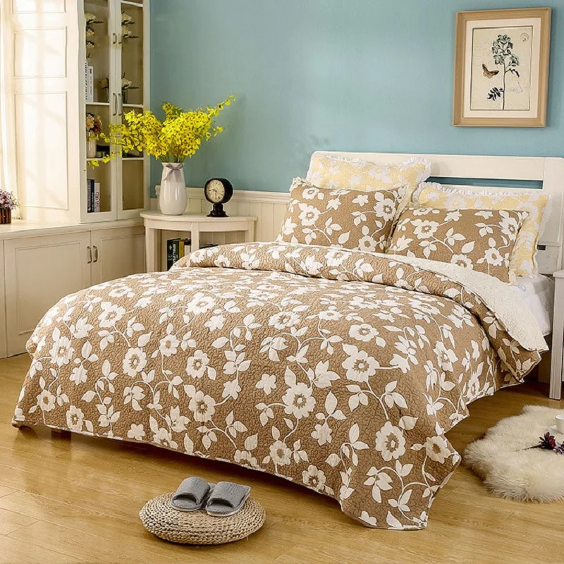 

CHAUSUB Print Quilt Set 3PCS Washed Cotton Quilts Quilted Bedspread Bed Cover Sheets Pillowcase Coverlet Set KING Size Brown