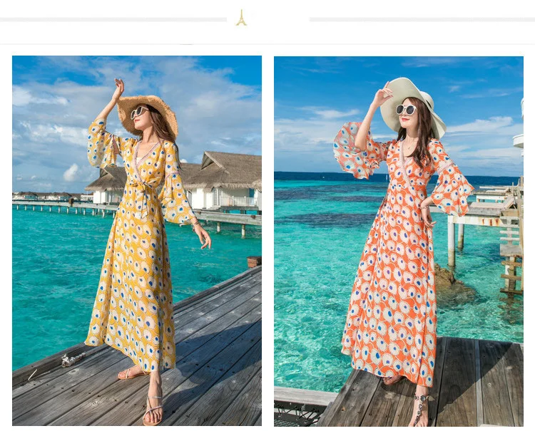 Женские Длинные Макси платья Bohemia Dressv шеи Сплит пляжные летние платья vestidos
