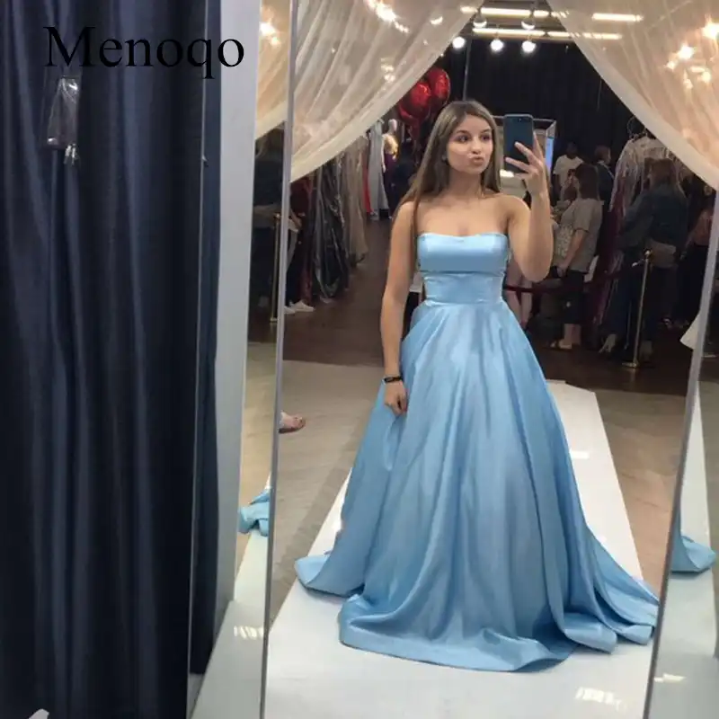 satin light blue prom dress