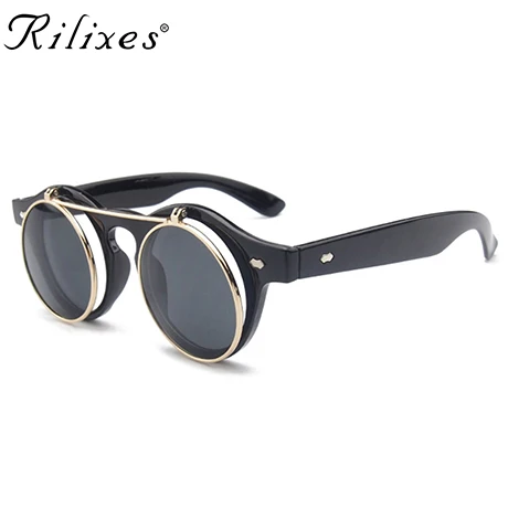 RILIXES Новое поступление стимпанк Солнцезащитные очки для женщин для мужчин квадратный двойной флип крышка объектива панк Защита от солнца очк - Цвет линз: 81-1