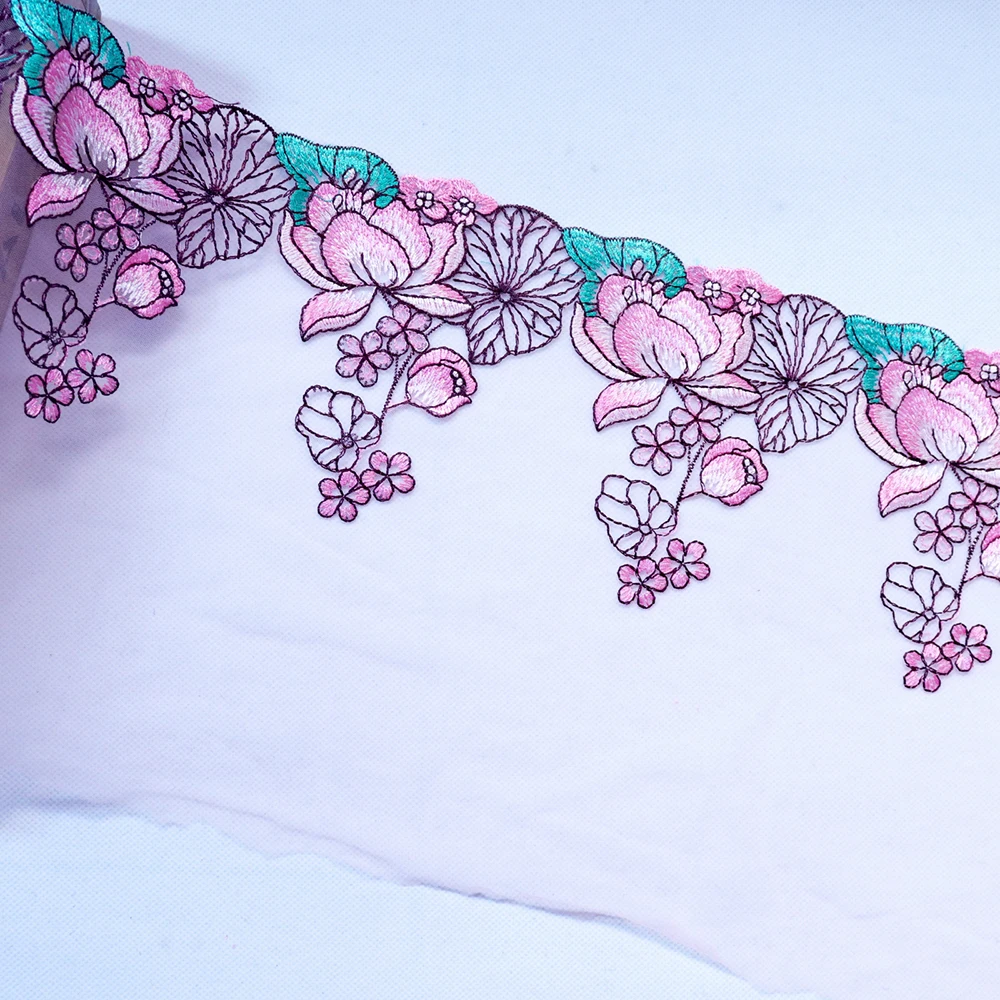 1 метр 22ccm ширина вышитый цветок кружева ткани вышивка кружева отделка Розовый Сетка Тюль швейная аппликация украшения на платье