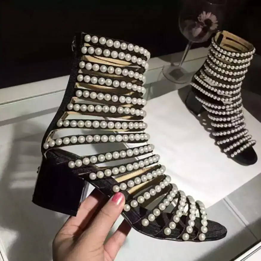 

2018 summer women new fish mouth pearl beading cool sandals female European and American Rome style zipper chunky heel sandals