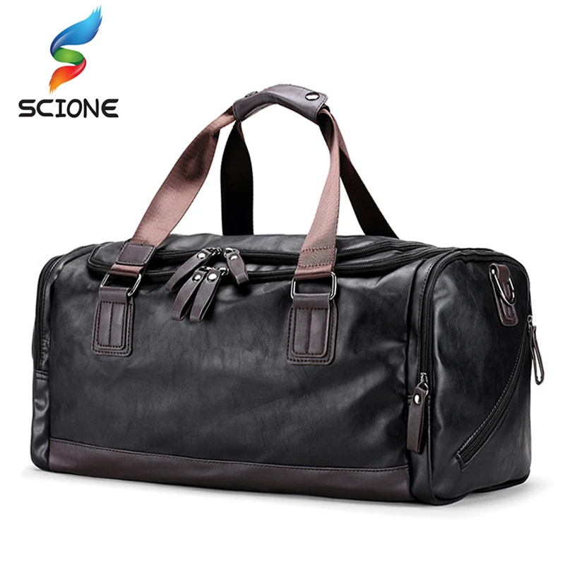 Hot Men Classic Soft Leather Sports Gym Bags Black Cylindrical Fitness Training Shoulder Bag ...
