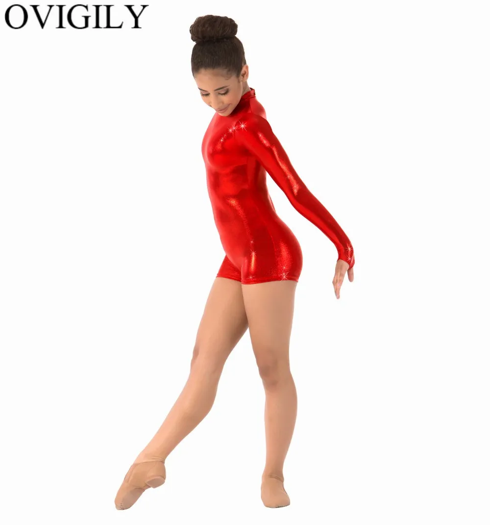 OVIGILY Kids Turtleneck Metallic Biketards Shiny Shorty Unitards for Gymnastics Girls Long Sleeve Dance Leotards with Thumbholes