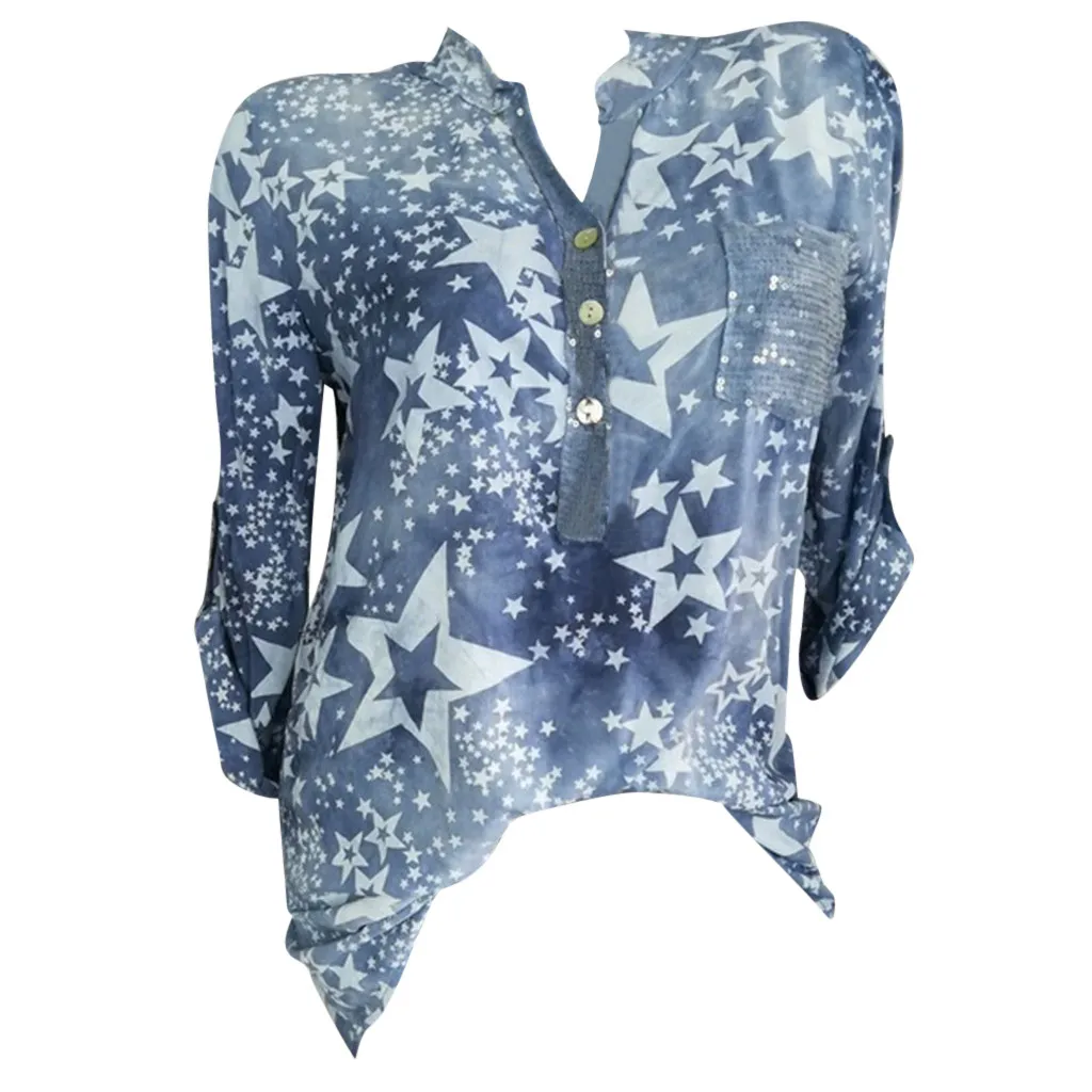 

CHAMSGEND Women Plus Size Blouses Fashion Long Sleeve Printed Button Opening Stand Collar Shirt Top Casual Loose Blouse May9