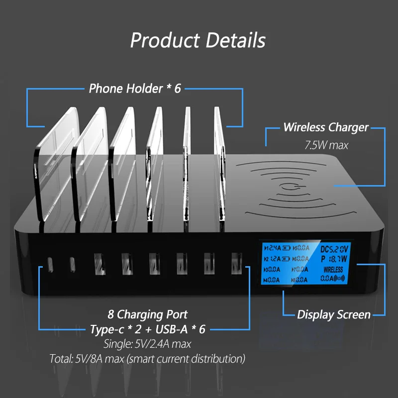 

40W Qi Wireless Charger Dock with LED 8 USB Ports Type C Quick Charge Fast Charging for iPhone 8 Xs Max Samsung Huawei