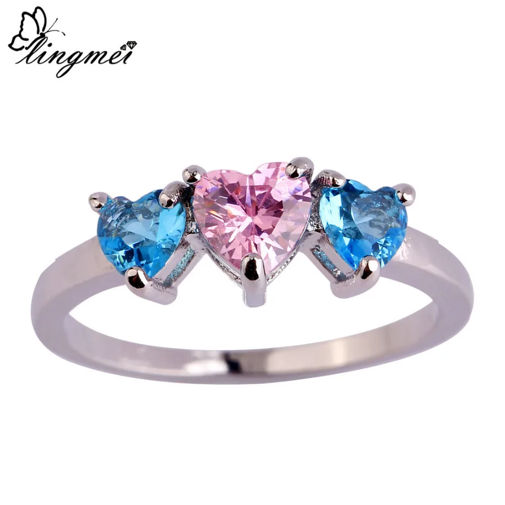 

lingmei Clearance Sale Wholesale Fashion Blue & Pink CZ Silver Ring Size 6 7 8 9 10 11 Love Heart Romantic Women Jewelry Gift