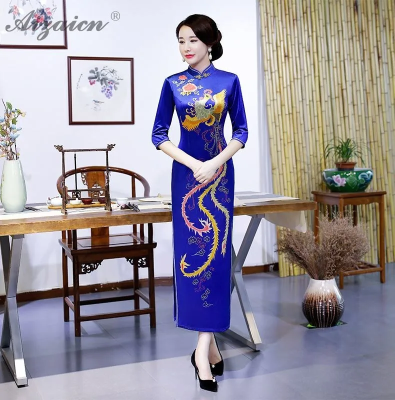 Бархат зима Qipao современный длинный рукав китайский свадебное платье Cheongsam дизайн Восточный стиль платья для женщин традиционная одежда