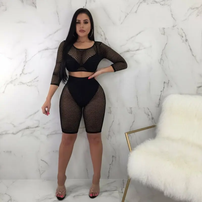 

Women Crochet Mesh Fishnet Bikini Cover Up Summer Through Crop Top Set