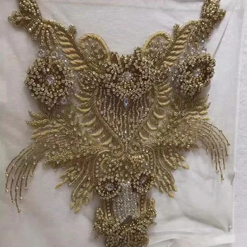 

34*35cm hand made Indian silk sew on High end Rhinestones applique on mesh golden crystals patches wedding dress accessory