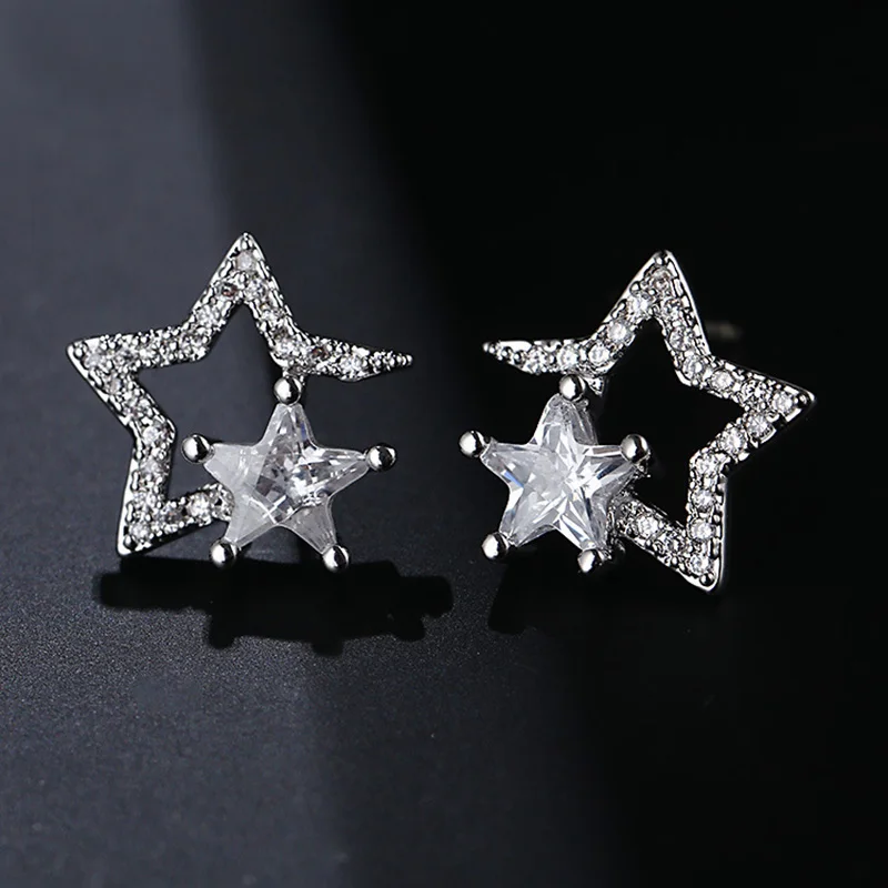 Крошечные Модные Серебряный кубический цирконий звезда серьги-гвоздики Роскошные прозрачные звезды Кристалл полые серьги для женщин модные ювелирные изделия для девочек