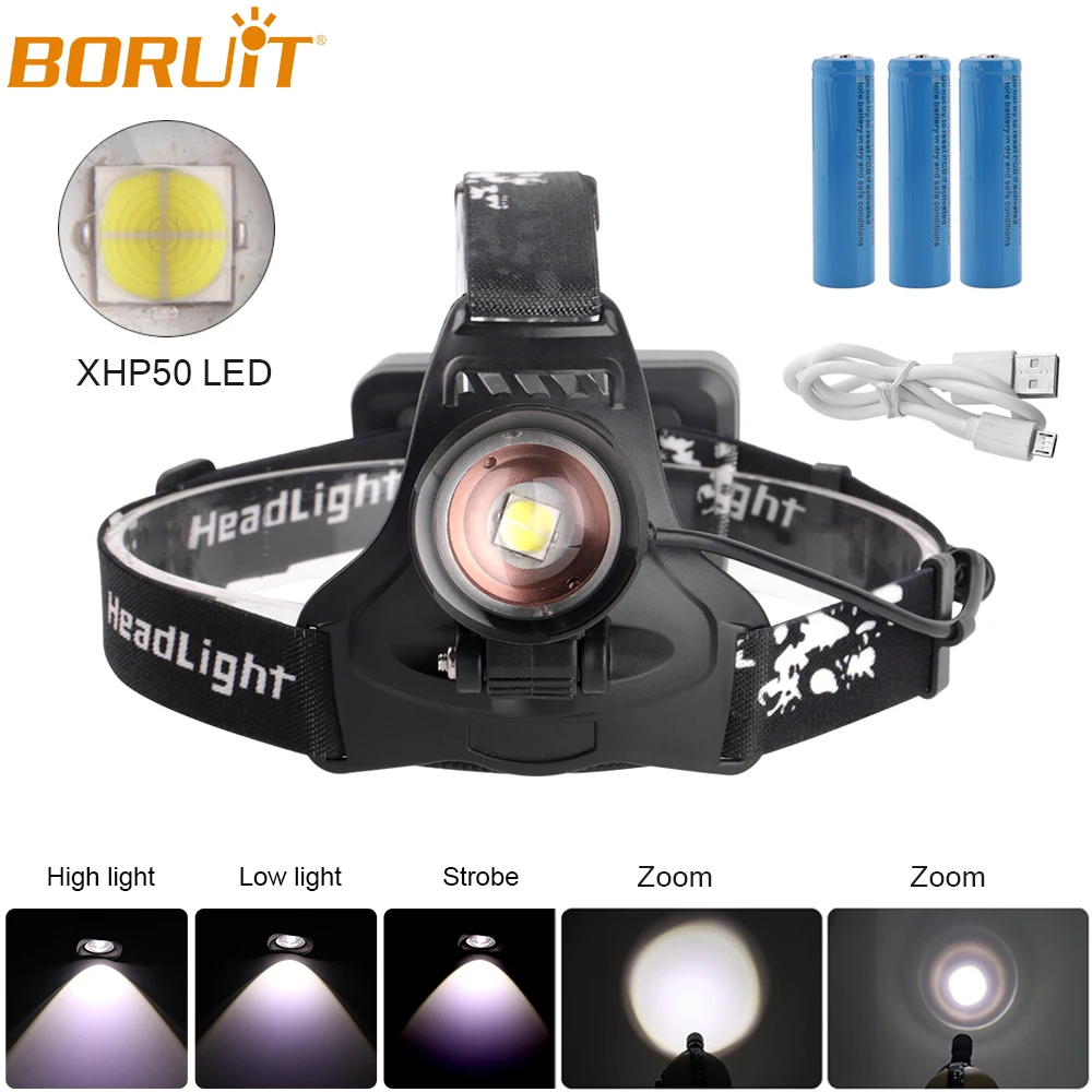 

BORUiT XHP50 LED Headlamp Flashlight Zoomable Rechargeable Headlights Waterproof Camping Hunting Head Torch Lanterns by 18650