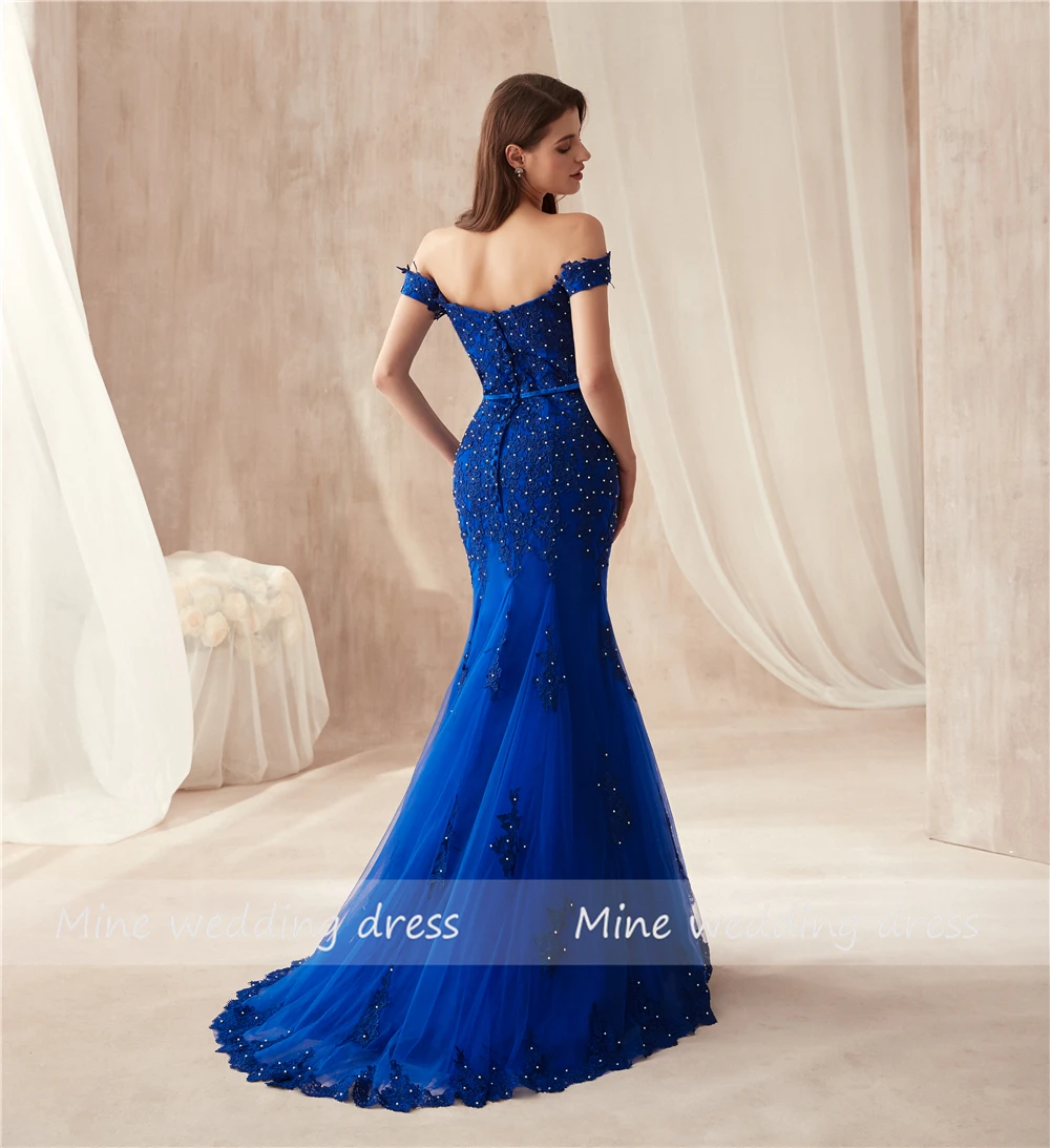 С плеча платье с юбкой годе Королевского синего цвета тонкое вечернее платье аппликация с жемчугом бисером сексуальное длинное вечернее платье вечерние платья