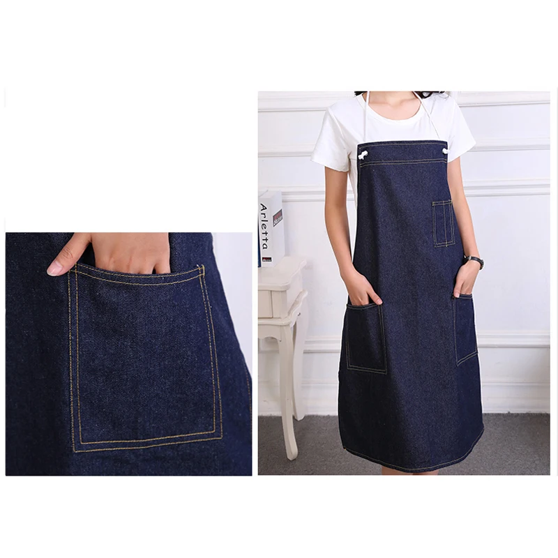 Korean Women Men cotton Denim Apron Hotel Cafe Baking Restaurant Bar Beautician Chef Kitchen Cooking Apron With Pockets