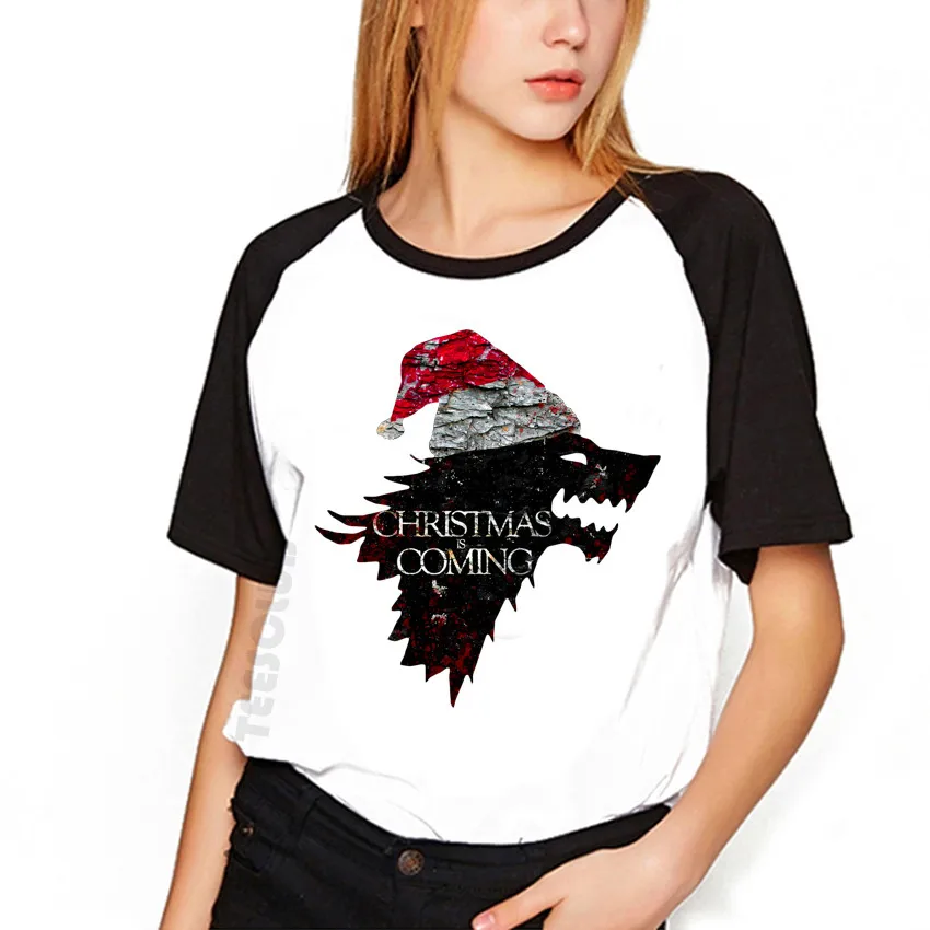Женская футболка, топы, летняя стильная футболка с принтом «Игра престолов», футболки с принтом «волк», «Рождество», Повседневная футболка