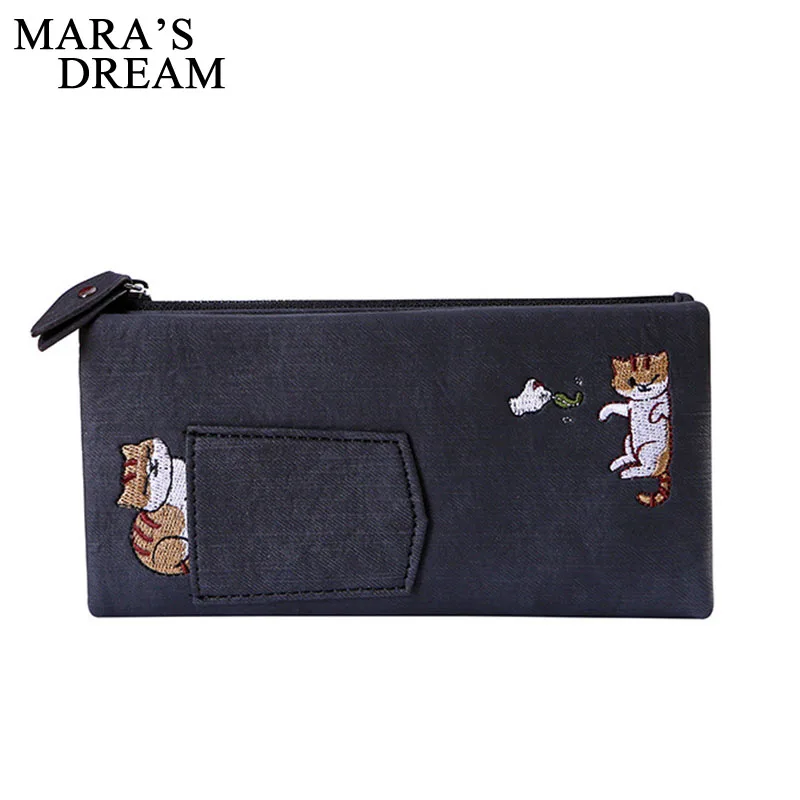 

Mara's Dream 2019 Women's Student Long Imitation Canvas Wallet Embroidered Cat Pattern Small Bag Double Buckle Wallet New Purse