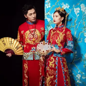 

Ancient Bride&Groom Marriage Suit Red Embroidery Women Men Choengsam High Quality Dragon&Phoenix Royal Toast Clothing S-XXL