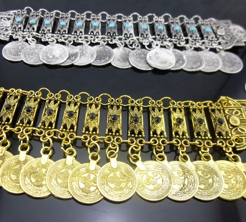 Этническая Цыганская вечерние хиппи, бохо-поп бусины Висячие монеты массивные богемные резные браслеты с подвесками в форме монет