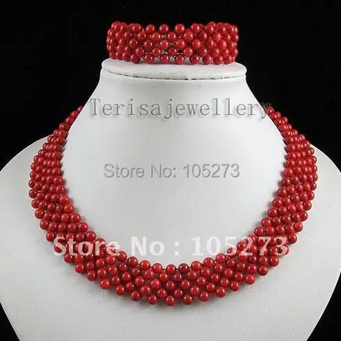

Stunning! Red coral necklace bracelet jewelry set AA 5-6MM length:18''inchs & 8''inchs Handmade jewelry free shipping A2485