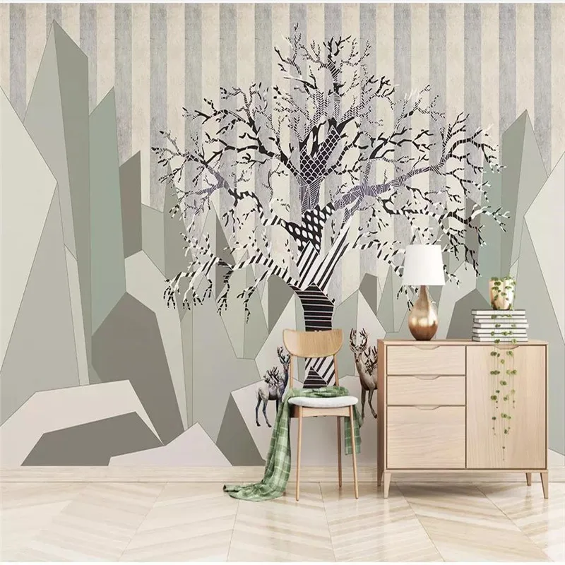

Custom wallpaper Nordic simple elk big tree abstract geometric square background wall painting waterproof material