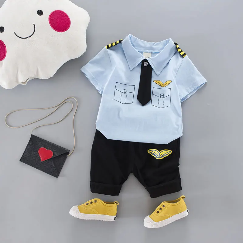 Комплект одежды для новорожденных мальчиков, летняя одежда пилота для маленьких мальчиков, хлопковый Детский костюм капитана, военная форма для малышей