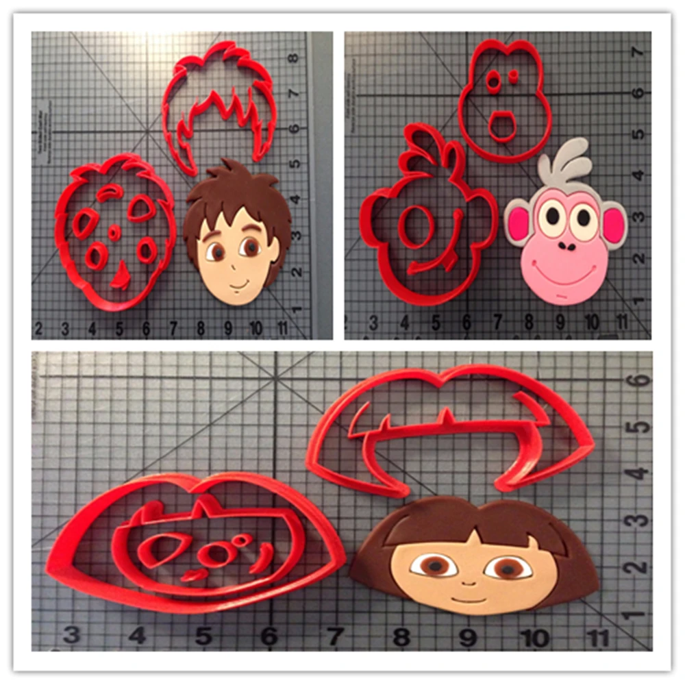 

The Chinese/English Bilingual Cartoons TV Dora The Explorer Character Fondant Biscuit Tools Made 3D Printed Cookie Cutter Set