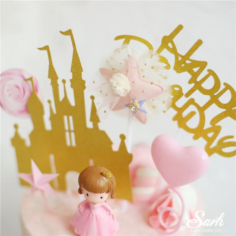 Crown Princess Decoration Shiny Gold Castle Pink Balls Cake Topper Happy Birthday for Kid Party Wedding Supplies Baking Gifts