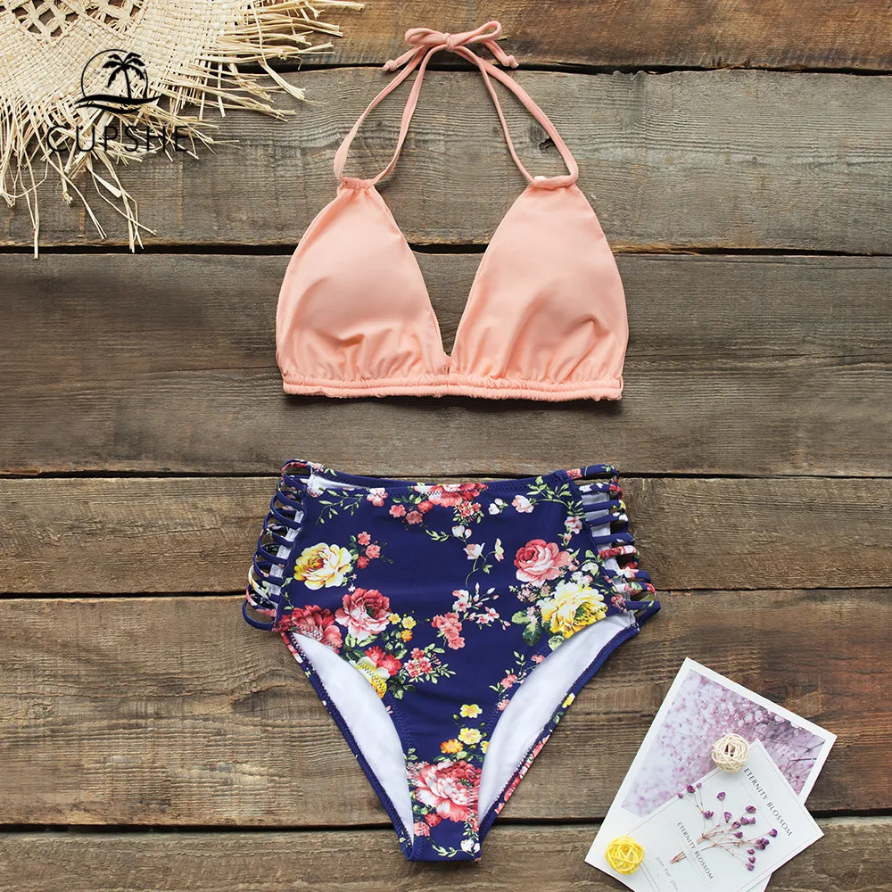 

CUPSHE Pink Floral Halter High-Waisted Bikini Sexy Cut Out Strappy Swimsuit Two Pieces Swimwear Women 2019 Beach Bathing Suit