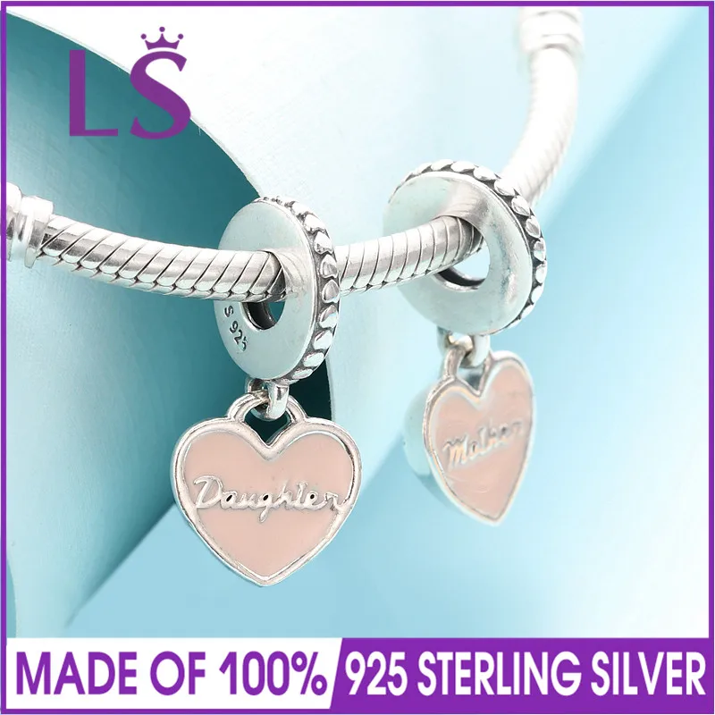 

LS Real 925 Sterling Silver Mother & Daughter Hearts Pink Dangle Charm Fit Original Charm Bracelets Beads for Diy Jewelry Gifts