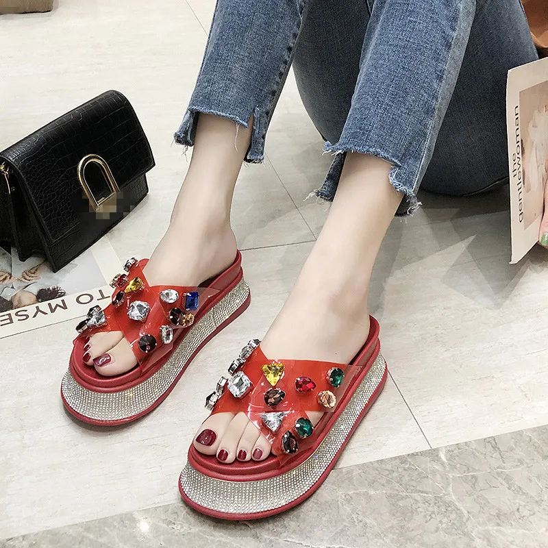 

On A Wedge Transparent Slippers Slides Shoes Women Heels Jelly Flip Flops Cross-tied Female Tap Sliders High