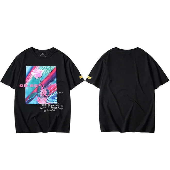 Мужские футболки в стиле хип-хоп, уличная одежда, Harajuku, розовая футболка с розами,, летняя футболка с цветочным рисунком, хлопок, короткий рукав, топы, футболки, черные, белые - Цвет: A188041 Black