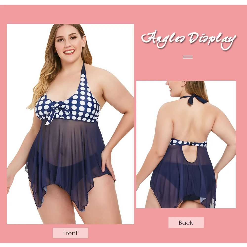 Plus Size Polka Dot Mesh Panel Tankini Set