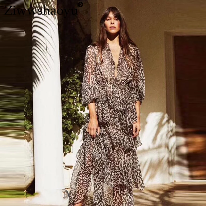 

Ziwwshaoyu Fashion Leopard Print Long dresses V-Neck Puff Sleeve Cascading Ruffle Elegant party dress Summer new women's