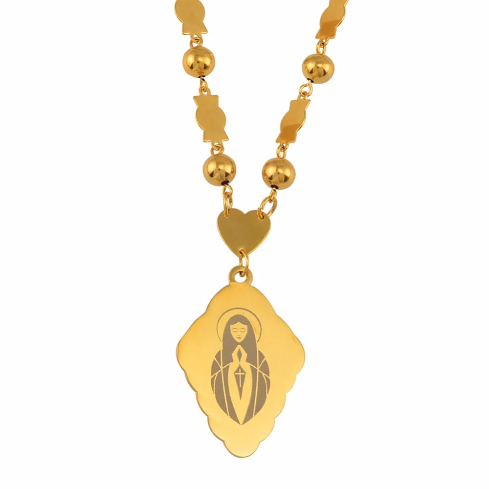 

Anniyo Virgin Mary Pendant Beads Chain Necklaces for Women Marshall Micronesia Jewelry Our Lady Religion Gifts #055221