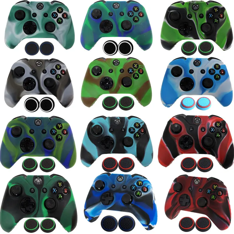 Gamepad Camo Skin Silicone Rubber Protective Grip Case Cover +2pcs Caps