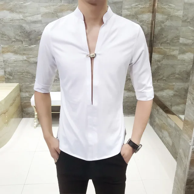 Quality Men Dress Shirt Korean Slim Fit Solid Party Shirts Mens Quality Men Dress Shirt Korean Slim Fit Solid Party Shirts Mens Casual Half Sleeve Deep V