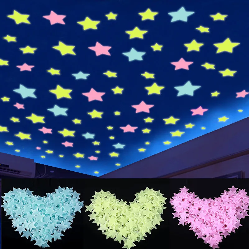 

100pcs Glow In The Dark 3D Fluorescent Stars Stickers Light Up Luminous Toys For Kid Baby Bedroom Decor Xmas Birthday Gift
