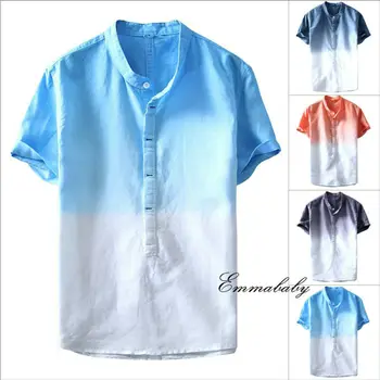 

2019 New Summer Fashion Men's Cotton Linen Breathable Collar Hanging Dyed Gradient Casual Shirt