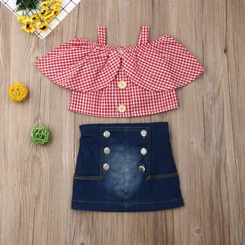 

Pudcoco Newest Fashion Toddler Baby Girl Clothes Plaids Ruffle Strap Tops Denim Short Skirt 2Pcs Outfits Summer Clothes