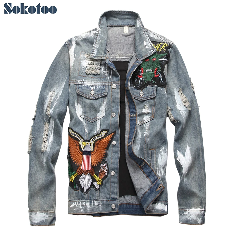 Sokotoo Men's slim American flag embroidered ripped jean jacket Trendy letters birds distressed denim top coat Outerwear