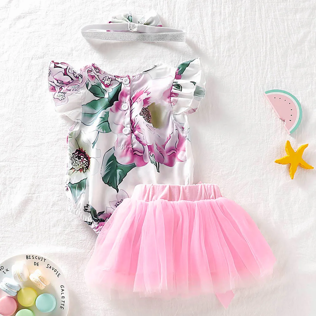 

3pc Toddler Girls Baby Clothing Floral Print Romper Bodysuit Tulle Skirts HairBand Outfits Newborn Clothes