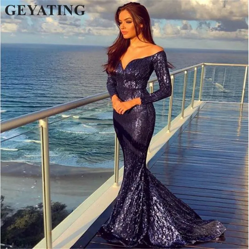 Elegant Off Shoulder Sequin Mermaid Prom Dresses Long Sleeve Navy