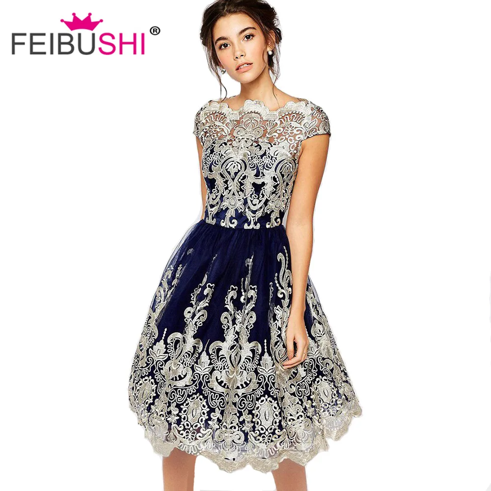 

FEIBUSHI 2018 Woman Dresses Elegant 50s 60s Retro Rockabilly Floral Lace Short Sleeve Swing Ball Gown Dress Robe Plus Size Femme