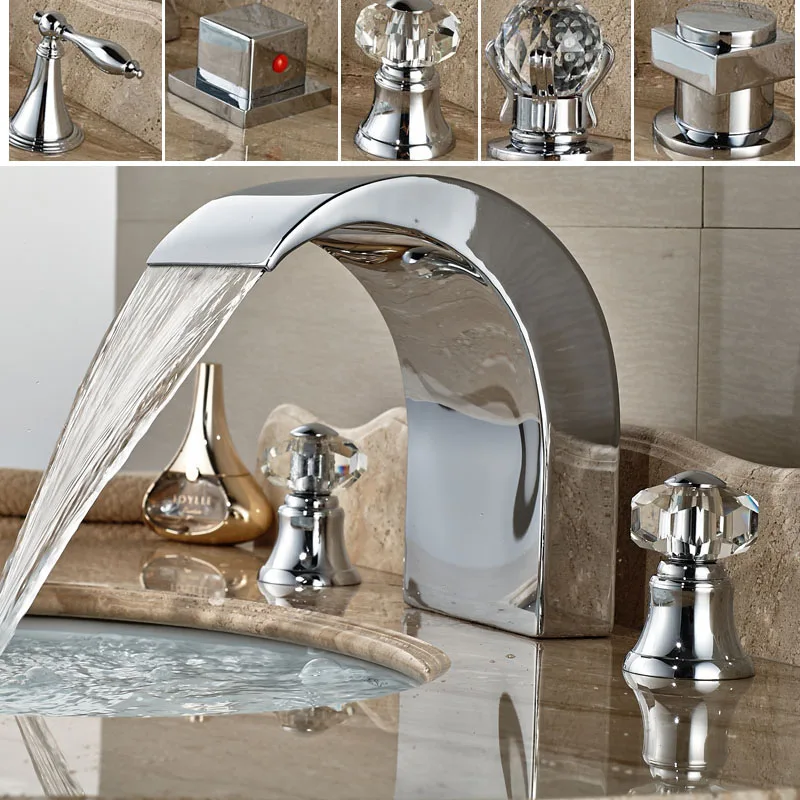 Luxury Big Brass Waterfall Spout Bathroom Faucet Deck Mount Two Handle Tub Sink Mixer Tap Chrome Finish