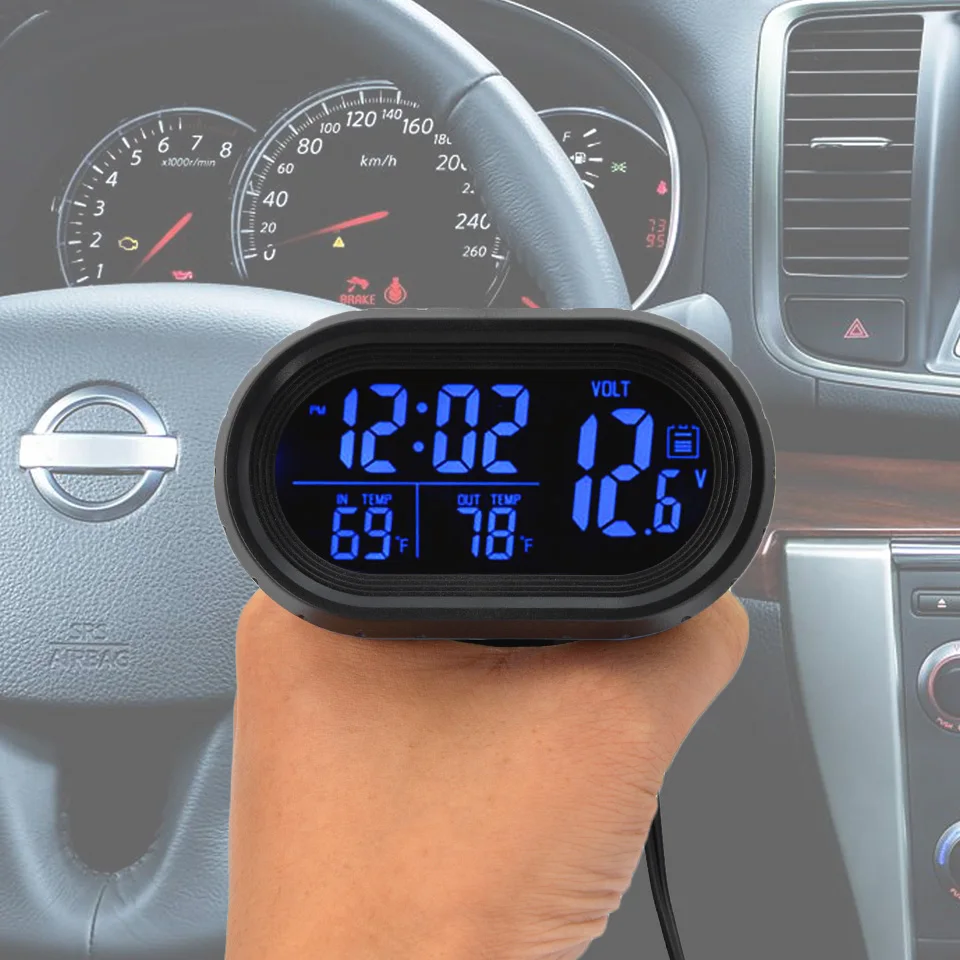 4 In 1 Car LCD Voltage Meter Clock Thermometer Digital 12V Car Voltage