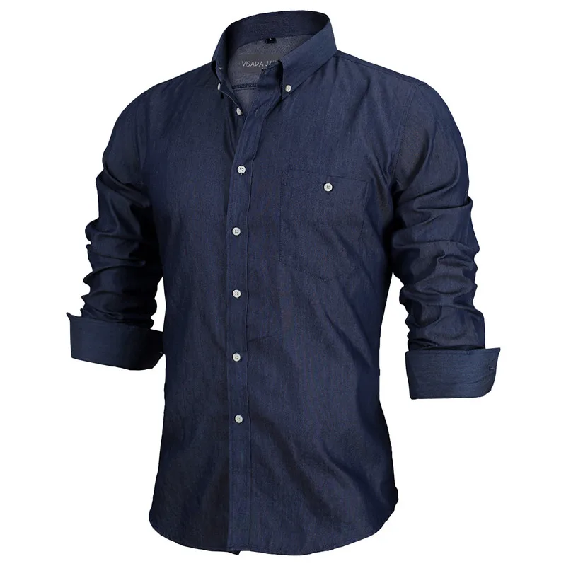 VISADA JAUNA, европейский размер, Мужская джинсовая рубашка, модная, Camisa Social Masculina, с карманами, облегающая, хлопковая, мужская, с длинным рукавом, рубашки, N1089