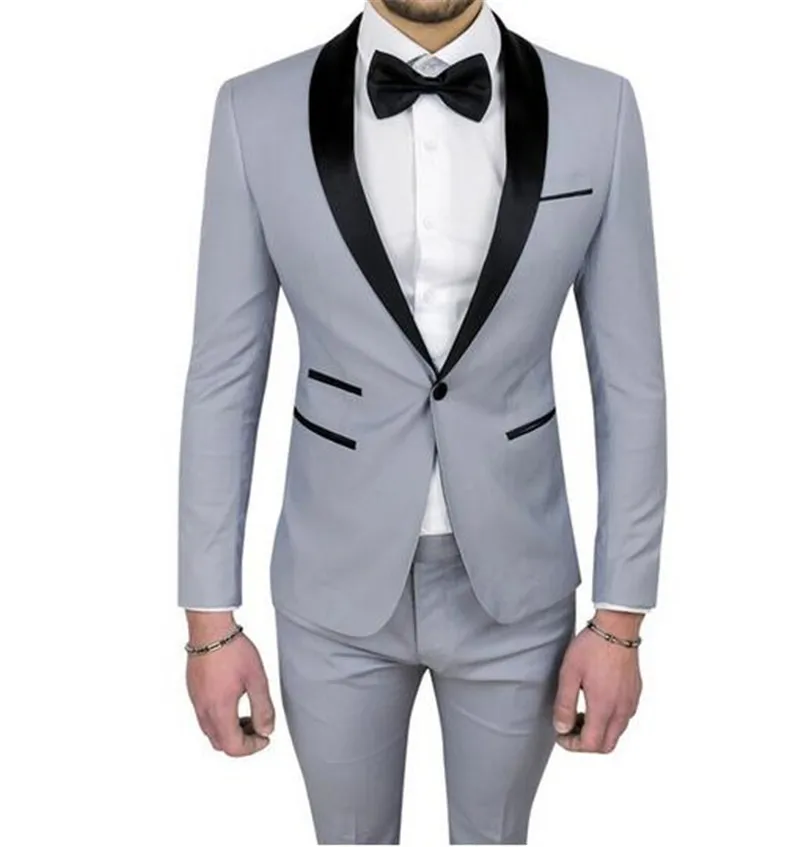 Latest Grey Shawl Lapel Coat Pant Designs Men Suits Casual Summer Beach Custom Made Slim Fit Blazer 2 Pieces Tuxedo Jacket+Pants