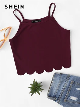 

SHEIN Summer Red Tank Crop Top Vest Woman Vacation Casual Scallop Hem Crop Spaghetti Strap Slim Cami Top