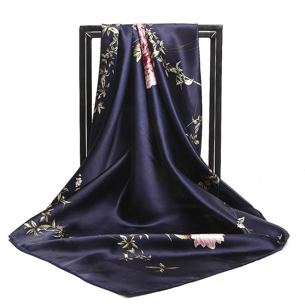 Женский Шелковый квадратный шарф, новые модные шарфы с розами и цветочным принтом, брендовая пляжная шаль, сатиновый головной хиджаб 90 см* 90 см
